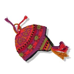 Newari Earflap Beanie Hat Womens OS Pink Red Wool Knit Boho Gorpcore Winter